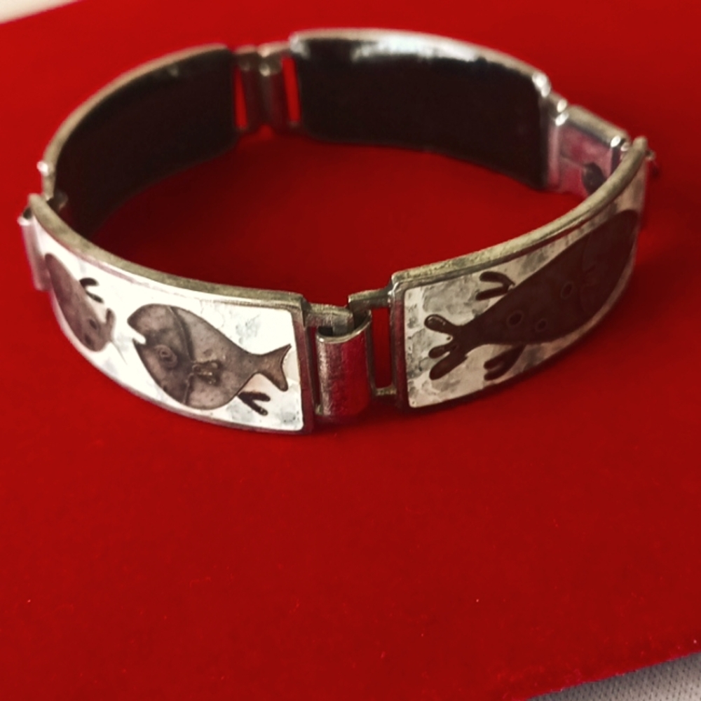 Perli Werkstatte Germany 1950s Enamel Copper/Sterling Link Fish Bracelet Marked - Picture 3 of 9